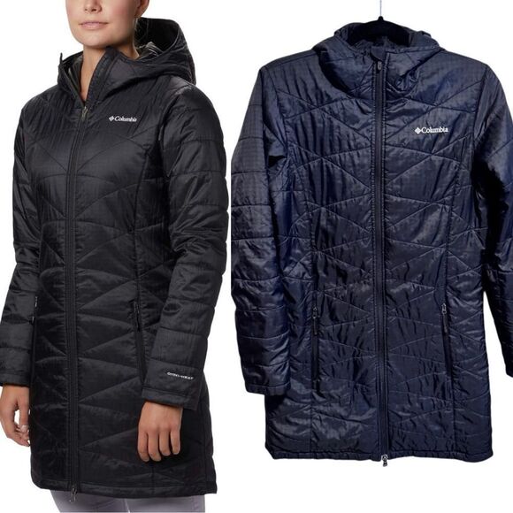 Columbia- Mighty Lite Black Long Line Hooded Puffer Jacket OmniHeat, Size Small - Picture 1 of 16